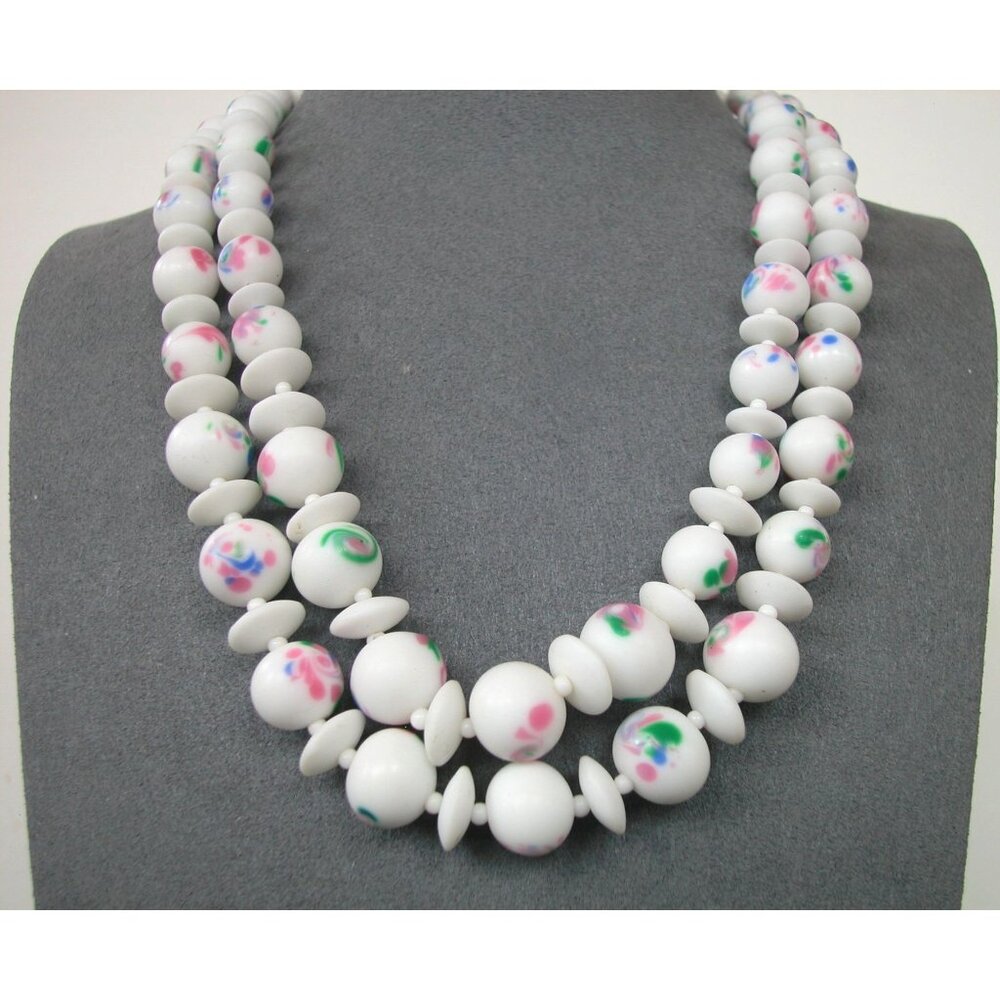 Japanese Hand Painted Pink Blue Flower Porcelain Beads 2 Strand Necklace